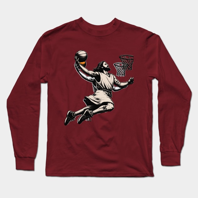 Funny Jesus Basketball Dunk Long Sleeve T-Shirt by mieeewoArt